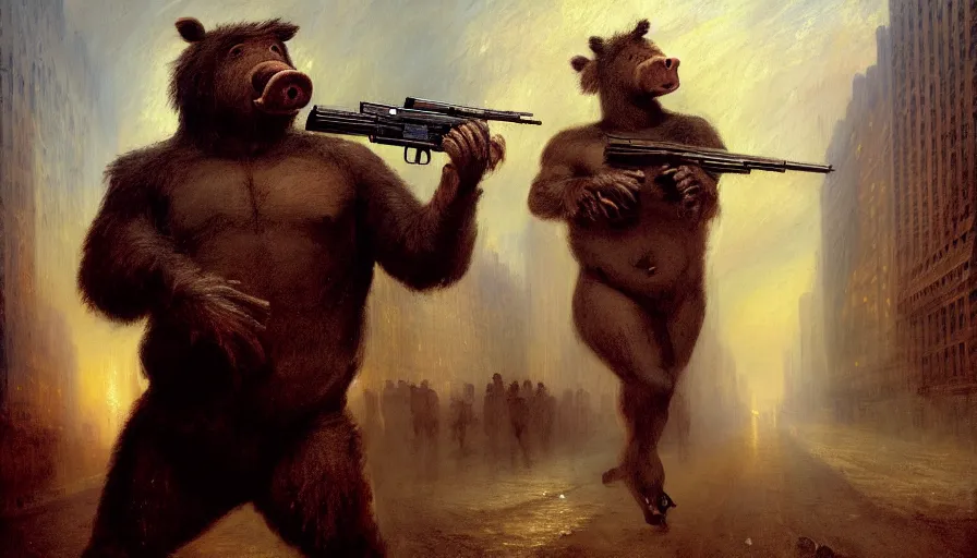 Prompt: highly detailed painting of a humanoid half bear half man pig creature in a nypd uniform, shotgun in hand, streets of nyc, by william turner, by greg rutkowski, by william constable, thick brush strokes and visible paint layers, 4 k resolution