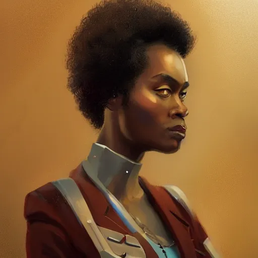 Prompt: Portrait of a woman by Greg Rutkowski, she is about 30 years old, mulato, afro hair, attractive and beautiful, she is wearing a futuristic lawyer outfit, highly detailed portrait, scifi, digital painting, artstation, concept art, smooth, sharp foccus ilustration, Artstation HQ