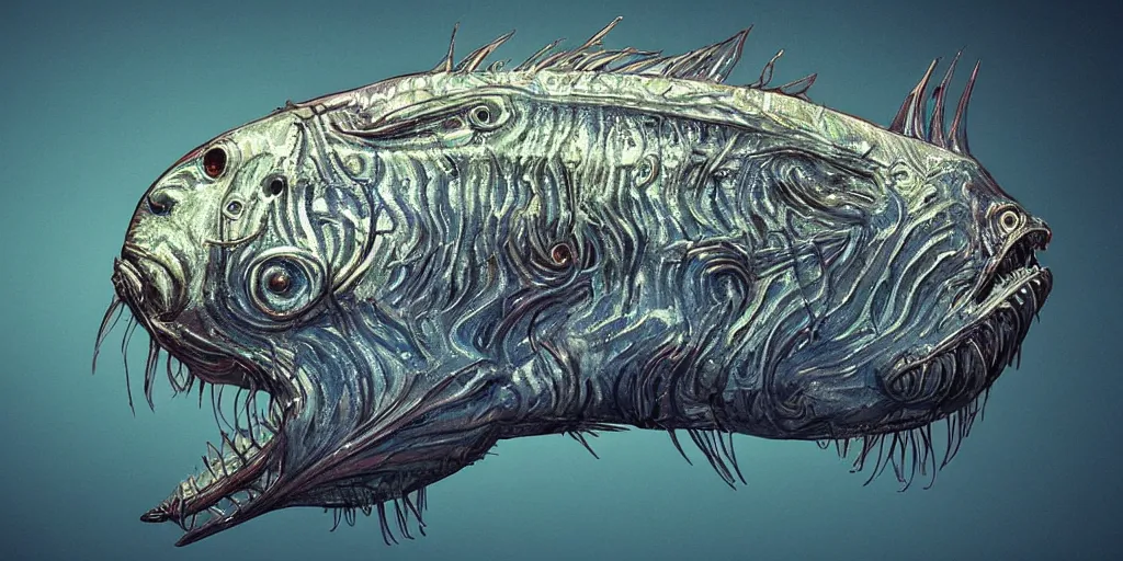 Image similar to angler fish sculpture, stylized layered shapes, long flowing fins, bioluminescent orbs, diffuse lighting, glowing eye, intricate, elegant, highly detailed, lifelike, photorealistic, digital painting, artstation, smooth, sharp focus, art by h r giger