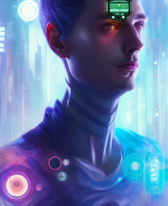 Image similar to a whirlwind inside the metaverse, guy, male, man, hologram, half body, neurochip, android, cyborg, cyberpunk face, by loish, d & d, fantasy, intricate, elegant, highly detailed, colorful, digital painting, artstation, concept art, art by artgerm and greg rutkowski and alphonse mucha