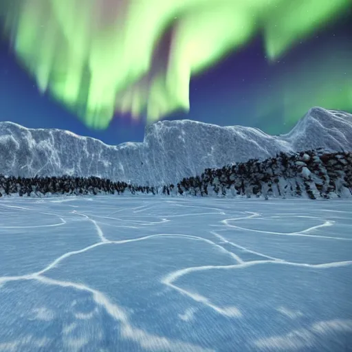 Prompt: A frozen tundra, with jagged mountains and icy rivers, where the only warmth is the aurora borealis, rendered in Unreal Engine.