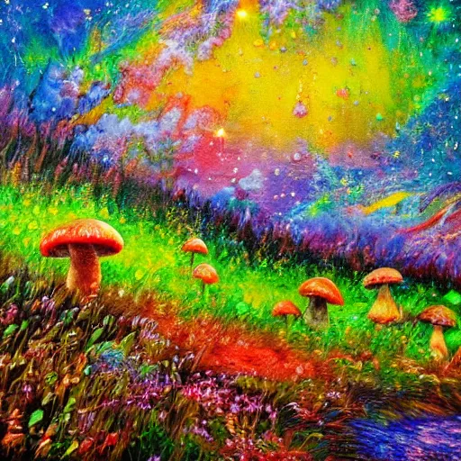 Image similar to an impressionist painting of a gorgeous meadow filled with colorful mushrooms with a stream flowing through it, psychedelic colors, starry sky in background, high detail, trending on artstation