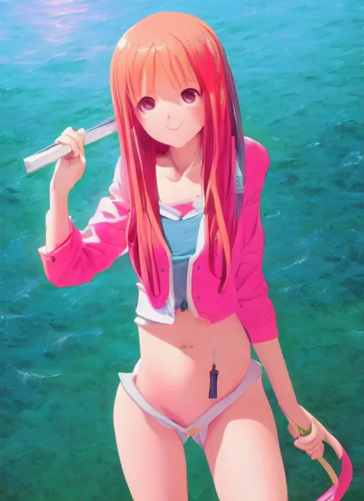 Image similar to a beautiful woman wearing pink school girls unform, bright colors, highly detailed, green ocean background, concept art, matte, trending on artstation, anime, art by wlop and artgerm and greg rutkowski, ilya kuvshinov, strong strokes, photo of asuna from sao