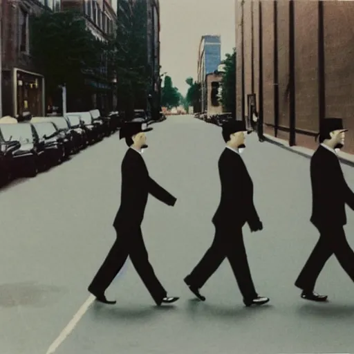 Image similar to wide-shot low angle of empty animated formal suits walking down the street, polaroid photo, by Andy Warhol, by Rene Magritte