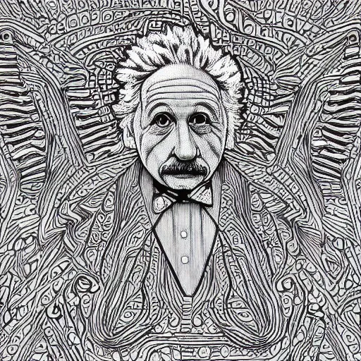 Prompt: Geometrically surreal Einstein, extremely high detail, photorealistic, intricate line drawings, dotart, album art in the style of James Jean