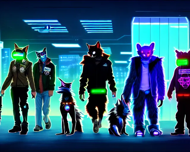 Image similar to high - resolution photograph from a cyberpunk era furry fandom convention ( midwest furfest 2 0 4 7 ), taking place after the genetic revolution and quantum singularity. photorealistic.