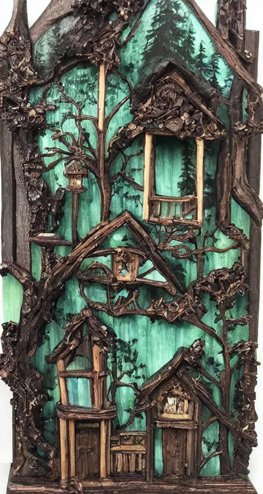 Image similar to victorian house made of wood in a dark forest with obsidian trees and Opal flowers, jade, lapis, eerie, painting