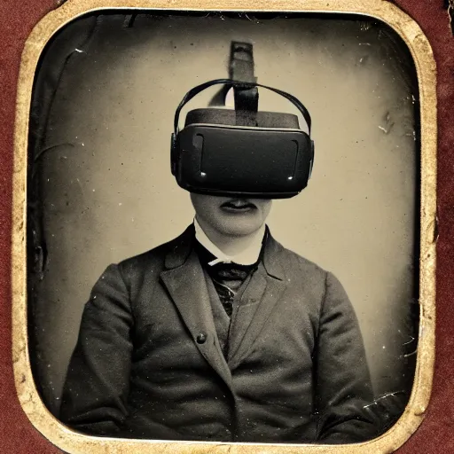 Prompt: tintype photo of a man from the 1800s using a wired vr headset