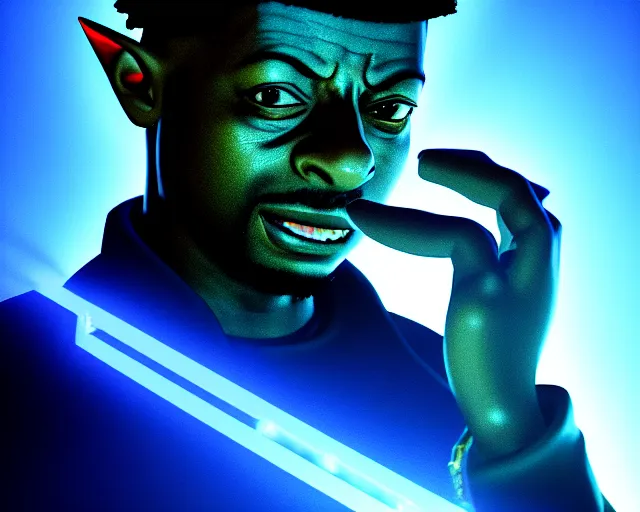 Image similar to 3 5 mm closeup portrait of 2 1 savage in the ocarina of time, pipes, wires, dramatic lighting, octane, blue lights, lens flare, industrial, dirty, trending on artstation, golden ratio, h. r. giger, mist, action, volumetric lighting