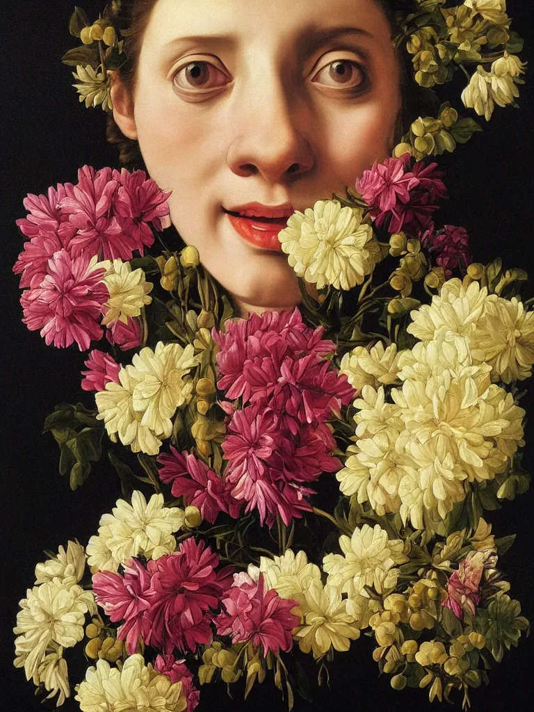 Image similar to hyperrealistic still life painting of a woman's face made of flowers that is smiling, by Caravaggio, botanical print, surrealism, vivid colors, serene, golden ratio,