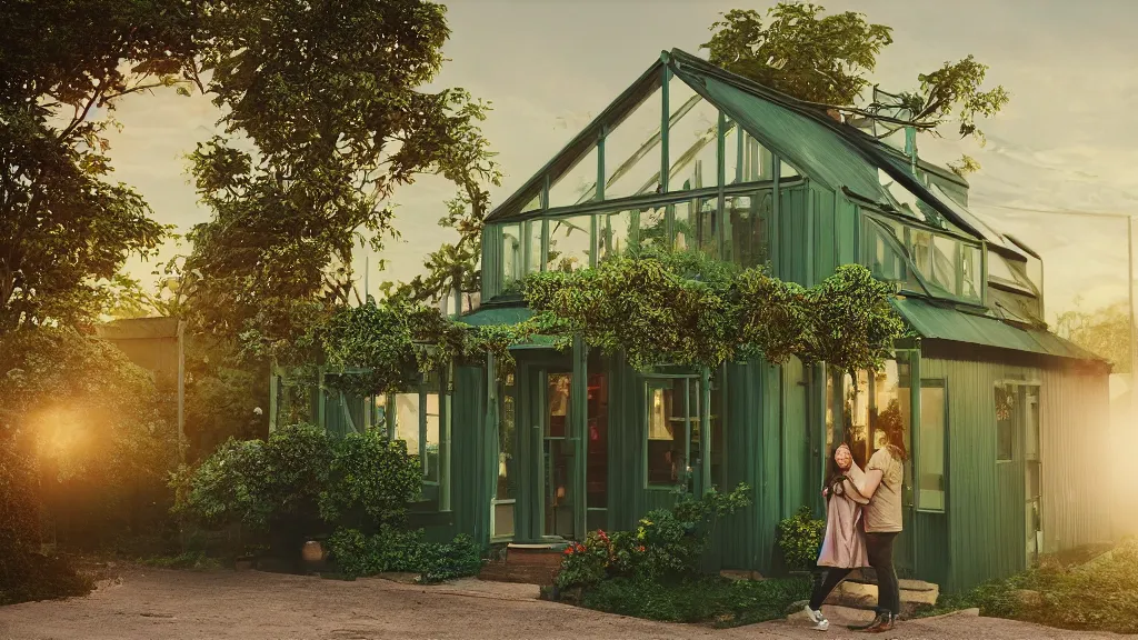 Prompt: ! dream a couple, green house, quiet street, sunset lighting, rim light, hyper realistic, 1 0 5 mm, cinematic frame