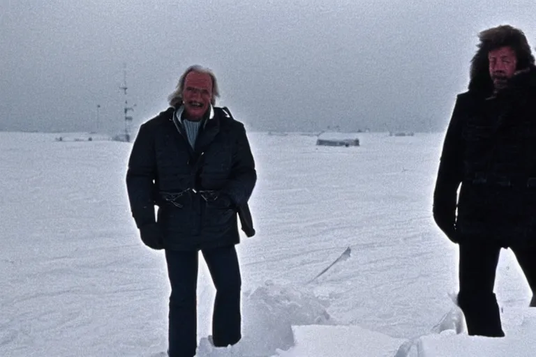 Image similar to Donald Tusk in a still from the movie The Thing (1982) directed by John Carpenter, cold outdoors