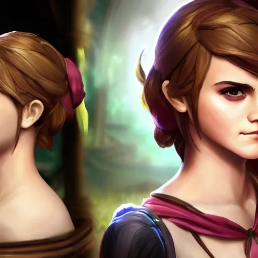 Image similar to Emma Watson as a character in the game League of Legends, with a background based on the game League of Legends, detailed face, old 3d graphics