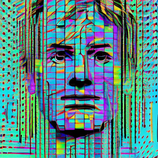 Image similar to portrait of abstract visual artificial intelligence face chromatic suit by Andy warhol and David Hockney and Petros Afshar, highly detailed