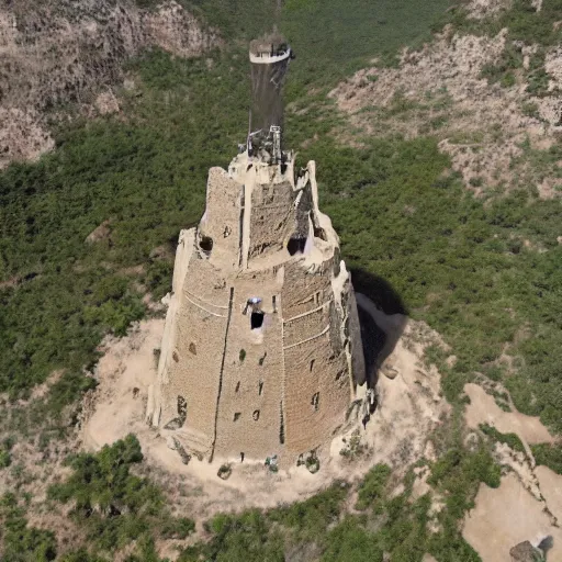 Prompt: Aerial view of a wizard's tower, surrounded by mines and caves