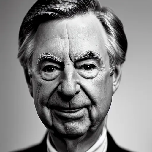 Image similar to symmetrical, close up face portrait of mr rogers, scowling, studio lighting, depth of field, photography, black and white, highly detailed