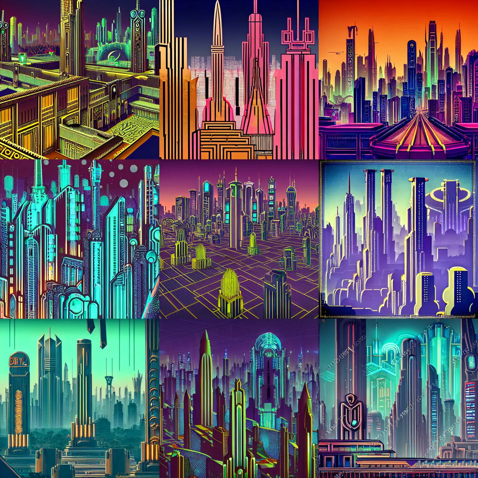 Prompt: detailed photo of a beautiful Art Deco cyberpunk skyline with monuments and gardens