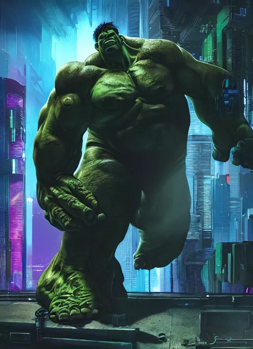 Image similar to cyberpunk scifi scene of a cybernetric modifed hulk, artstation, matt painting, very detailed, maximalism, ambient occlusion, volumetric light, atmospheric haze, unreal engine, hyper realism, realistic shading, cinematic composition, realistic render, octane render, detailed textures, photorealistic, wide shot