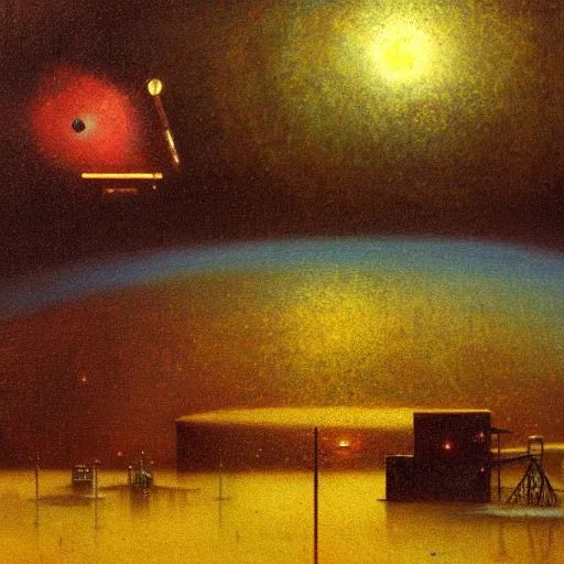 Image similar to detailed painting of a satellite station, exterior, ornaments, volumetrics lights, beam of bright lights through the clouds, beksinski, bougeureau