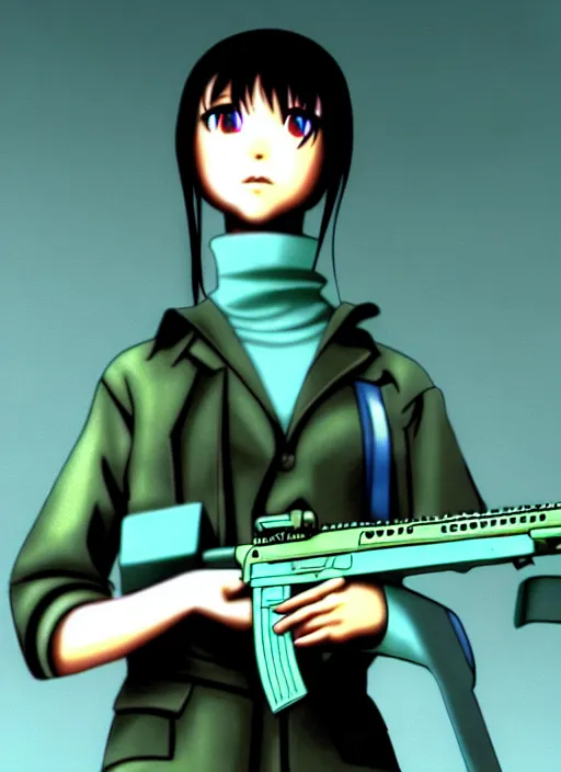 Prompt: soviet school-girl with a Turquoise hair holding an assault rifle, still from Serial Experiments Lain, high resolution