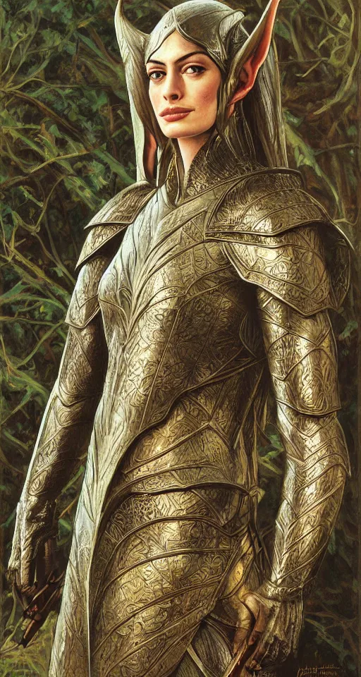 Prompt: Detailed painting of anne hathaway wearing elven armor by Ted Nasmith