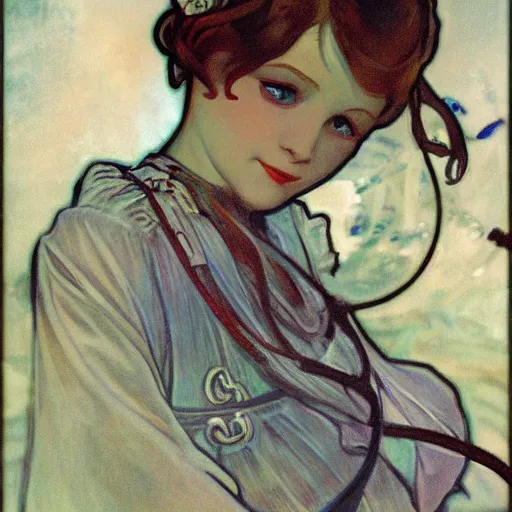 Image similar to realistic little sister of bioshock painted by alfons mucha sharp focus high details 8 k