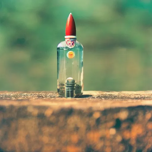 Image similar to A very detailed model rocketship in a bottle, launching, 35mm film grain, 50mm lens, lens flair