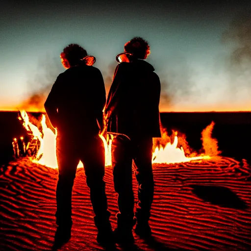 Prompt: portrait of three ravers photographed from behind, talking around a fire, photorealistic, dancefloor kismet, diverse costumes, clean composition, desert transition area, bonfire, night, australian desert, xf iq 4, symmetry, sony a 7 r, 1 5 0 mp, 5 0 mm