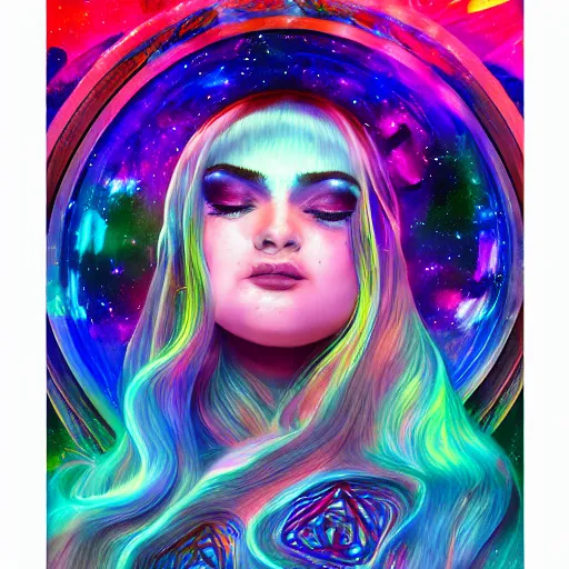 Prompt: a silk portrait of kim petras with her eyes closed, galaxy colored psychedelic chakra awakening kundalini ethereal vibes, transcending to a higher plane of existence, eternal blessing, multiverse, visionary art, by android jones, artstation, deviantart