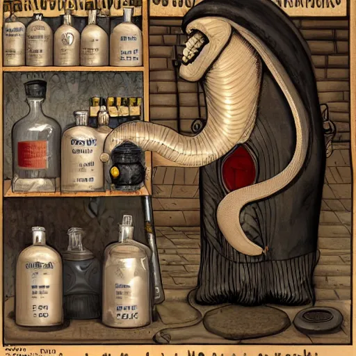 Image similar to a grinning anthropomorphic snake selling bottles of medicine, fantasy, steampunk, hr giger