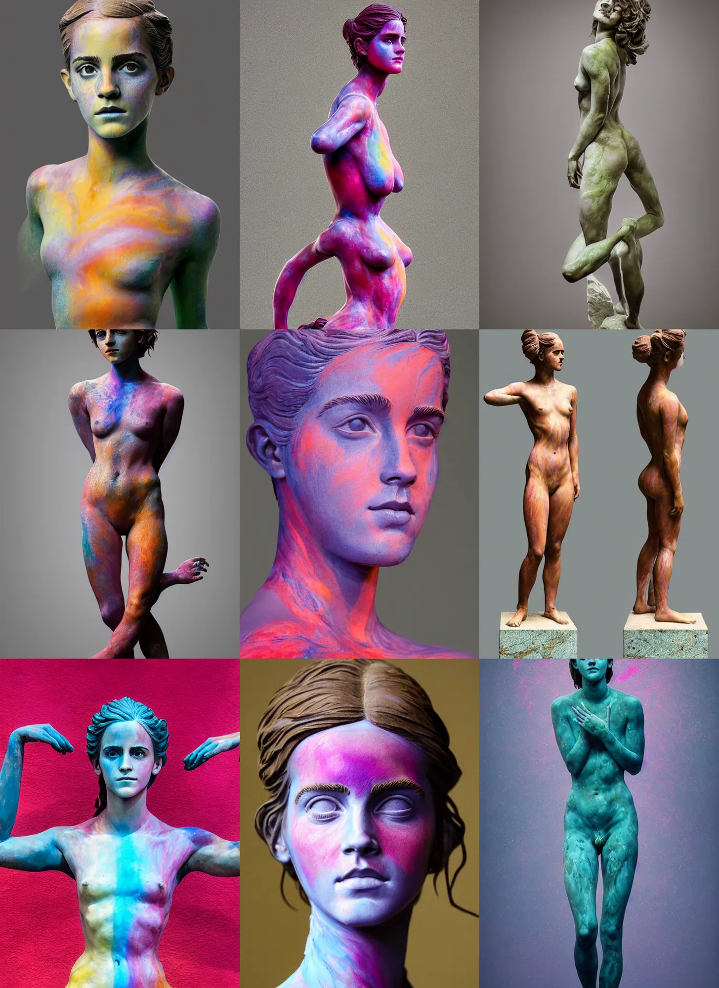 Prompt: sculpture statue of Emma Watson by Jean-Baptiste Carpeaux and Luo Li Rong and Michael James Talbot, all body, standing athletic pose, perfect symmetrical face, psychedelic colors, bodypaint, acrylic paint splashes, in full growth, elegant, realistic, 8K, female full-skin figure, hyperrealism, subsurface scattering, raytracing, rim light, Octane Render, Redshift, Zbrush