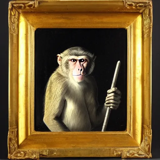 Prompt: 18th century portrait depicting a macaque aristocrat with a scepter, dynamic lighting, soft shadows