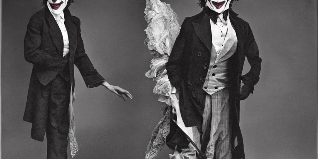 Prompt: joker wearing clothes in the style of directoire style, photograph, grinning, creepy,