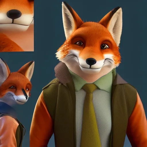 Image similar to 3 d render, portrait, anthropomorphic fox, male, in a brown leather maxi jacket, in the style of zootopia, closeup