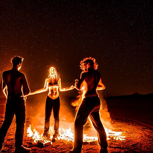 Image similar to atmospheric photograph of three fully clothed ravers, two men, one woman, photographed from behind, talking around a fire, photorealistic, dancefloor kismet, diverse costumes, clean composition, desert transition area, bonfire, night, australian desert, xf iq 4, symmetry, sony a 7 r, 1 5 0 mp, 5 0 mm