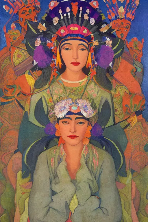 Image similar to queen of spring, by Nicholas Roerich and Tino Rodriguez and Diego Rivera , elaborate headdress and embroidered velvet, iridescent beetles, rich color, dramatic cinematic lighting, extremely detailed