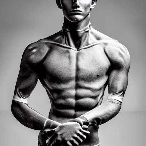 Image similar to a realistic detailed photo of a guy who is an attractive humanoid who is half robot and half humanoid, who is a male android, soccer player martin ødegaard, shiny skin, posing like a statue, blank stare, in a living room, on display, showing off his muscles