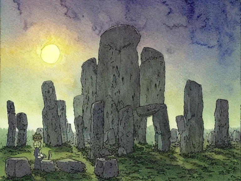 Image similar to a simple watercolor studio ghibli movie still fantasy concept art of a giant wizard playing in a tiny stonehenge. it is a misty starry night. by rebecca guay, michael kaluta, charles vess
