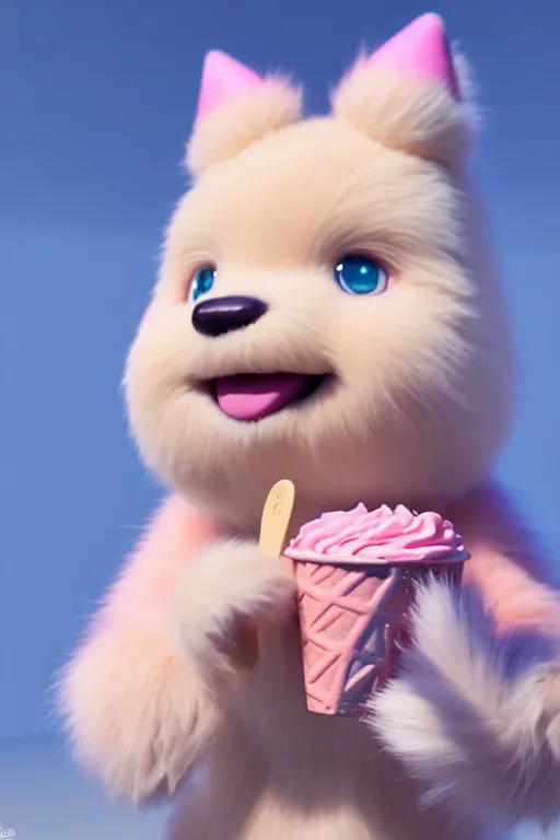 Image similar to high quality 3 d render hyperrealist very cute pastel fluffy! anthropomorphic westie eating giant ice cream full body, vray smooth, in the style of detective pikachu, hannah yata charlie immer, very dramatic pink light, low angle, uhd 8 k, shallow depth or field