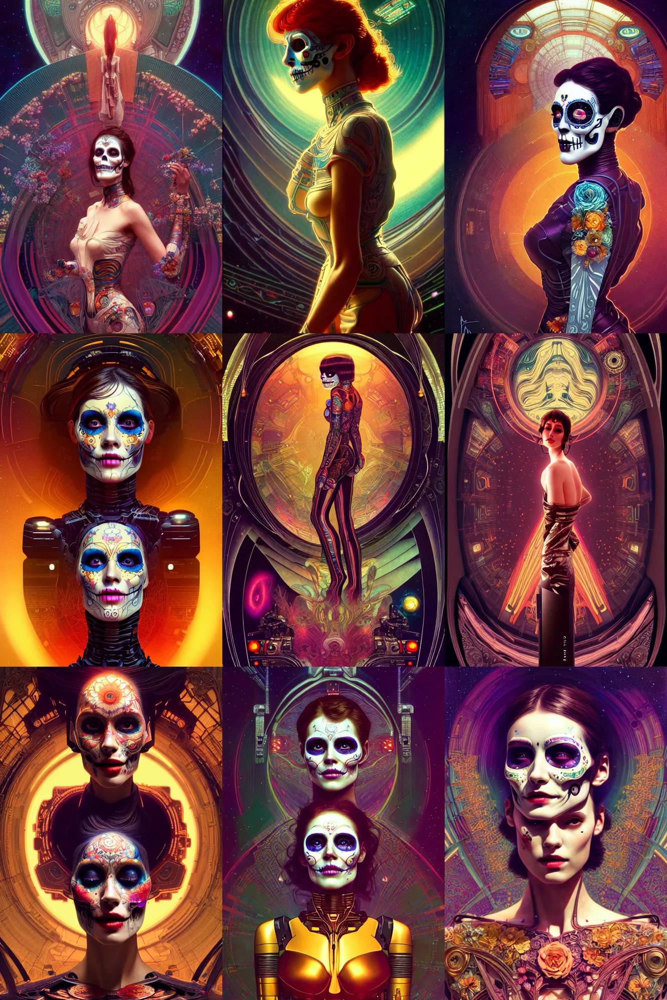 Prompt: beautiful dreaming android! woman. ecstatic, cinestill, blade runner, photorealistic, interstellar, intricate detailed environment, by paul bellaart. ( el dia los muertos ), 8 k, hd. art nouveau by artgerm and pollock and greg rutkowski and alphonse mucha and loish and wlop