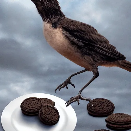 Prompt: a bird eating a plate full of oreos, realism, cinematic, hyper detailed masterpiece, ethereal, post apocalyptic