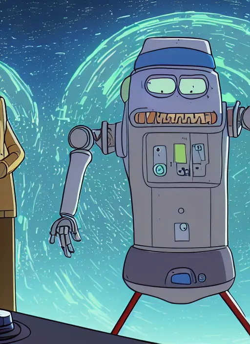 Image similar to an artificial intelligence in a robot exploding why studying how human hands look, rick and morty art style illustration, justin roiland, dan harmon, location is a science fiction planet