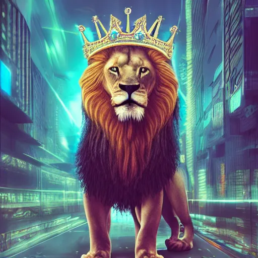 Image similar to lion with crown, cyberpunk