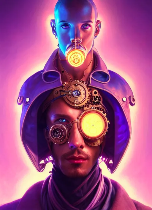 Image similar to a male steampunk faceless glowing liquefied stardust adventurer, dnd fantasy character, full body portrait, glowing neon skin, magical aura, ultra realistic, intricate, elegant, highly detailed, digital painting, artstation, smooth, sharp, focus, illustration, art by artgerm and greg rutkowski and alphonse mucha and dan mumford, sacred geometry, psychedelic