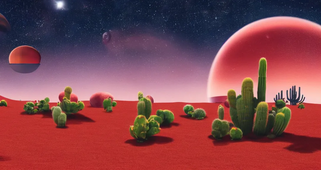 Image similar to ''red sand desert, gas giant in the sky, cactus in the forefront, crashed spaceship in the distance''