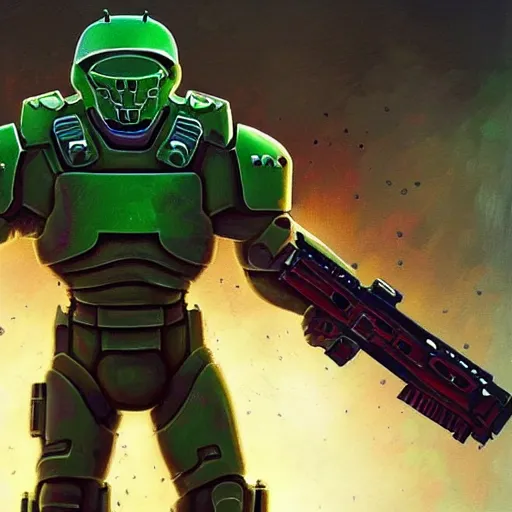 Image similar to doomguy in fornite, artstation hall of fame gallery, editors choice, # 1 digital painting of all time, most beautiful image ever created, emotionally evocative, greatest art ever made, lifetime achievement magnum opus masterpiece, the most amazing breathtaking image with the deepest message ever painted, a thing of beauty beyond imagination or words