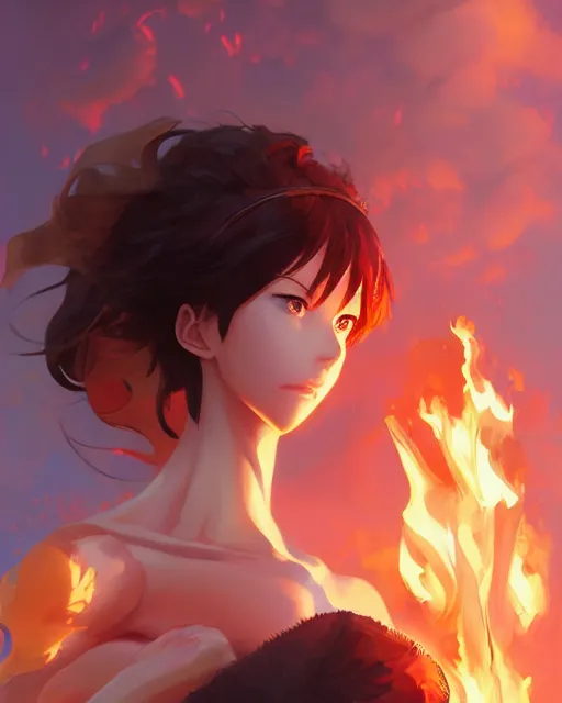 Prompt: the goddess of fire, spunk and intense beauty, full shot, atmospheric lighting, detailed face, one piece style, by makoto shinkai, stanley artgerm lau, wlop, rossdraws