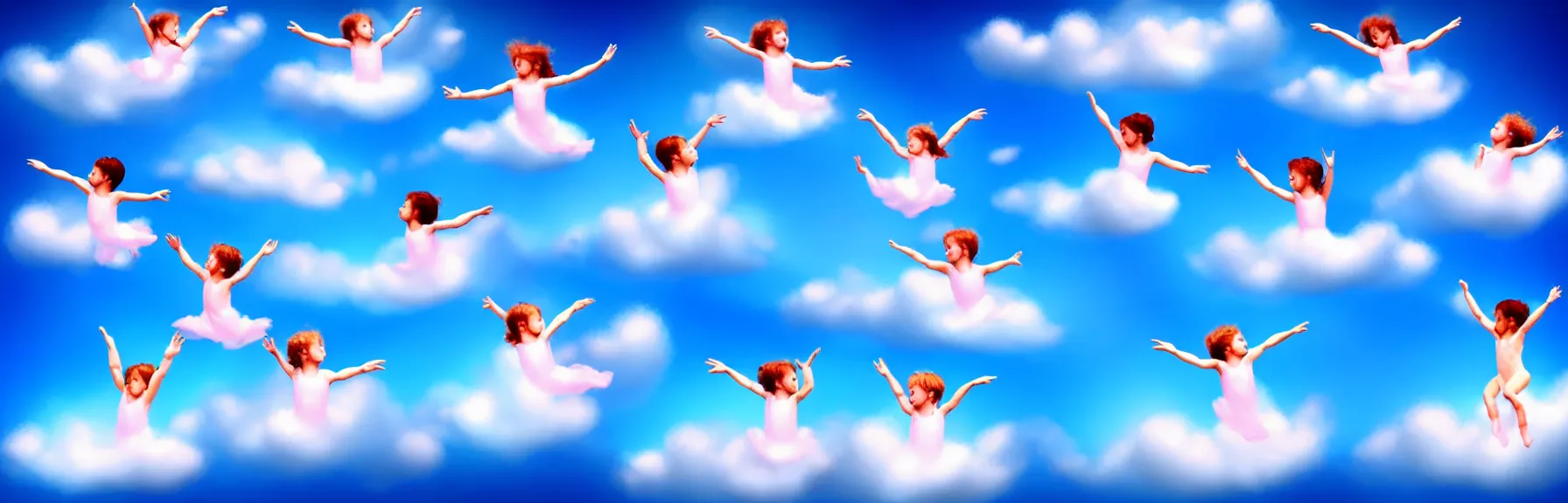 Image similar to multiple beautiful angels swimming in the cloud in acrobatic poses; dreamy sky, ultrarealistic, photorealistic, 8K