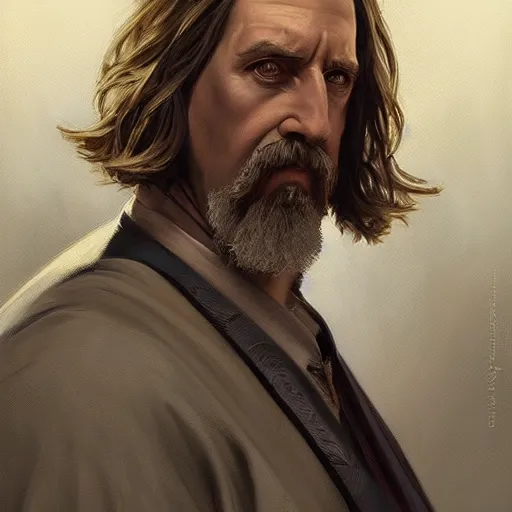 Image similar to portrait of big lebowski, deep focus, d & d, fantasy, intricate, elegant, highly detailed, digital painting, artstation, concept art, matte, sharp focus, illustration, art by artgerm and greg rutkowski and alphonse mucha