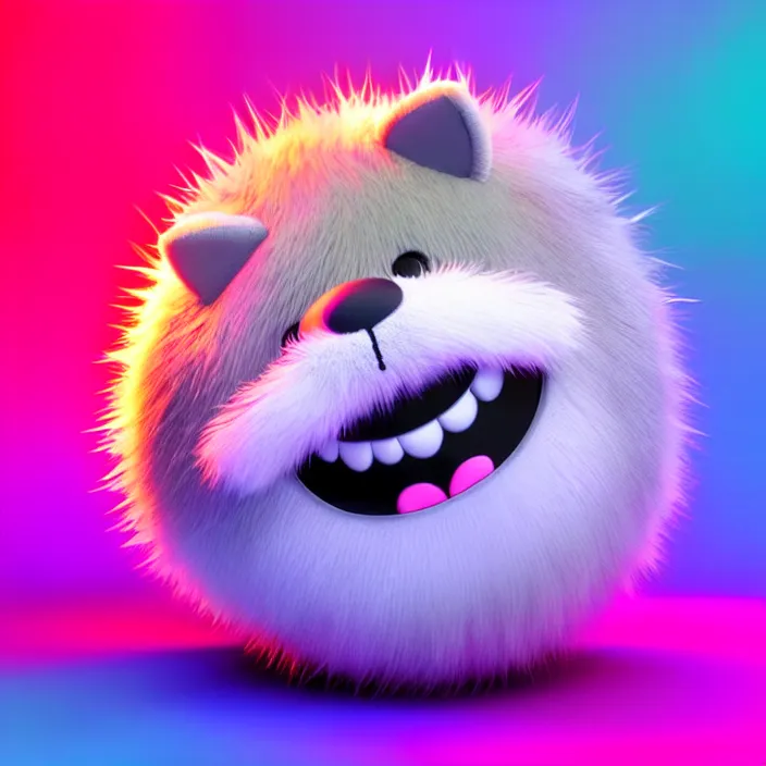 Image similar to high quality 3 d render hyperrealistic very cute big spherical creature smile emoji, whiskers, plush mascot, short spiky colorful dense fluffy smooth fur 1 cm long, psychedelic lighting, 1 5 0 mm, smooth background, artstation, elegant, ultra detailed, octane render